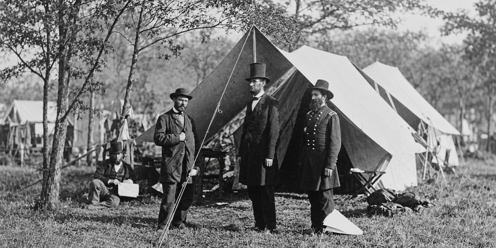 Lincoln, Pinkerton y McClernand en campamento